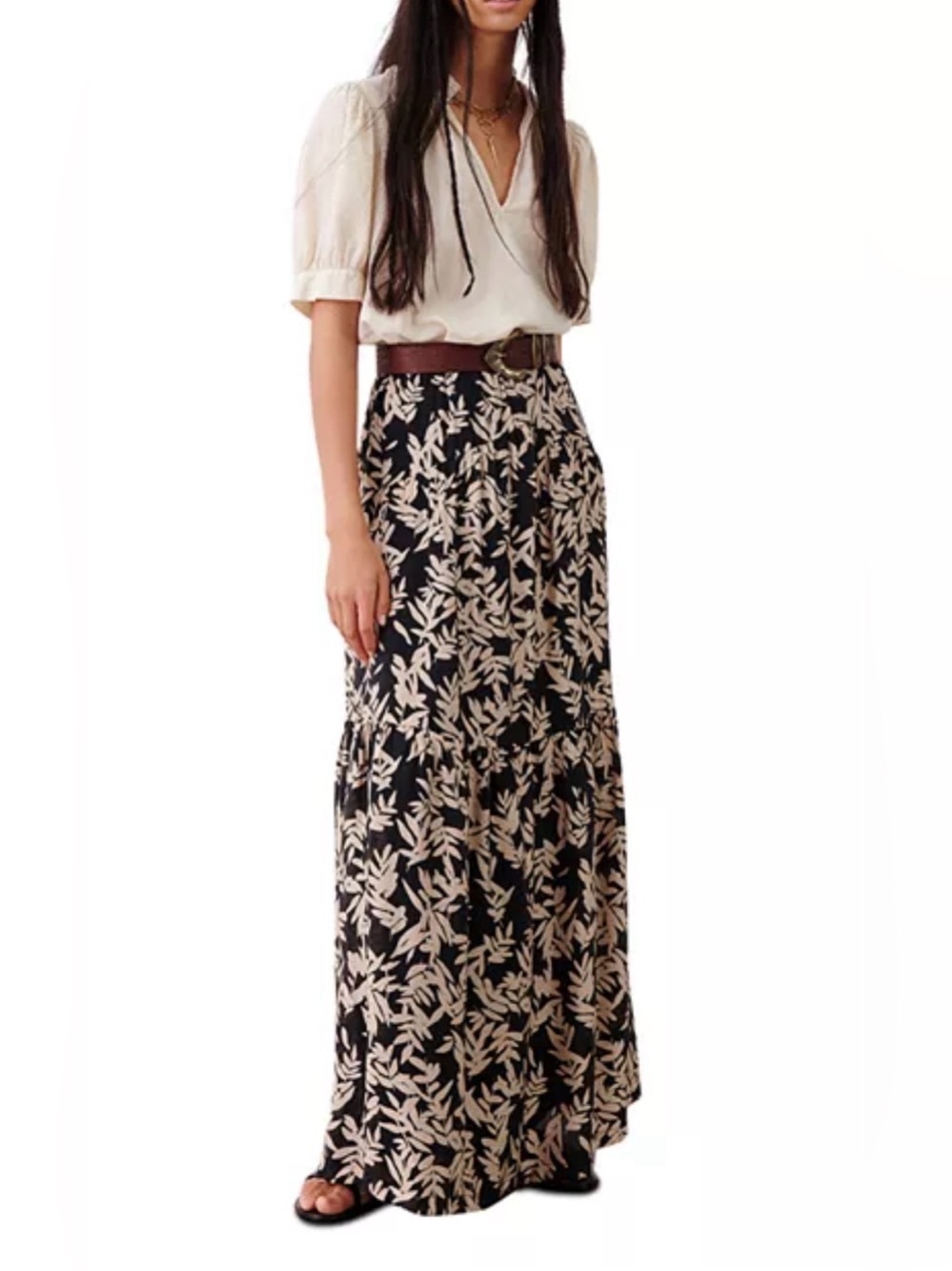 ba&sh Tally Printed Maxi Skirt Neutral Elastic Waist Sz 1/small